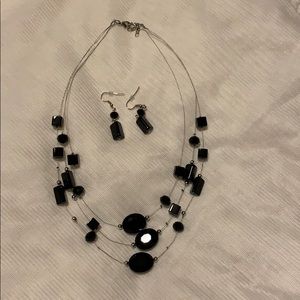 Black Bead Necklace and Earrings